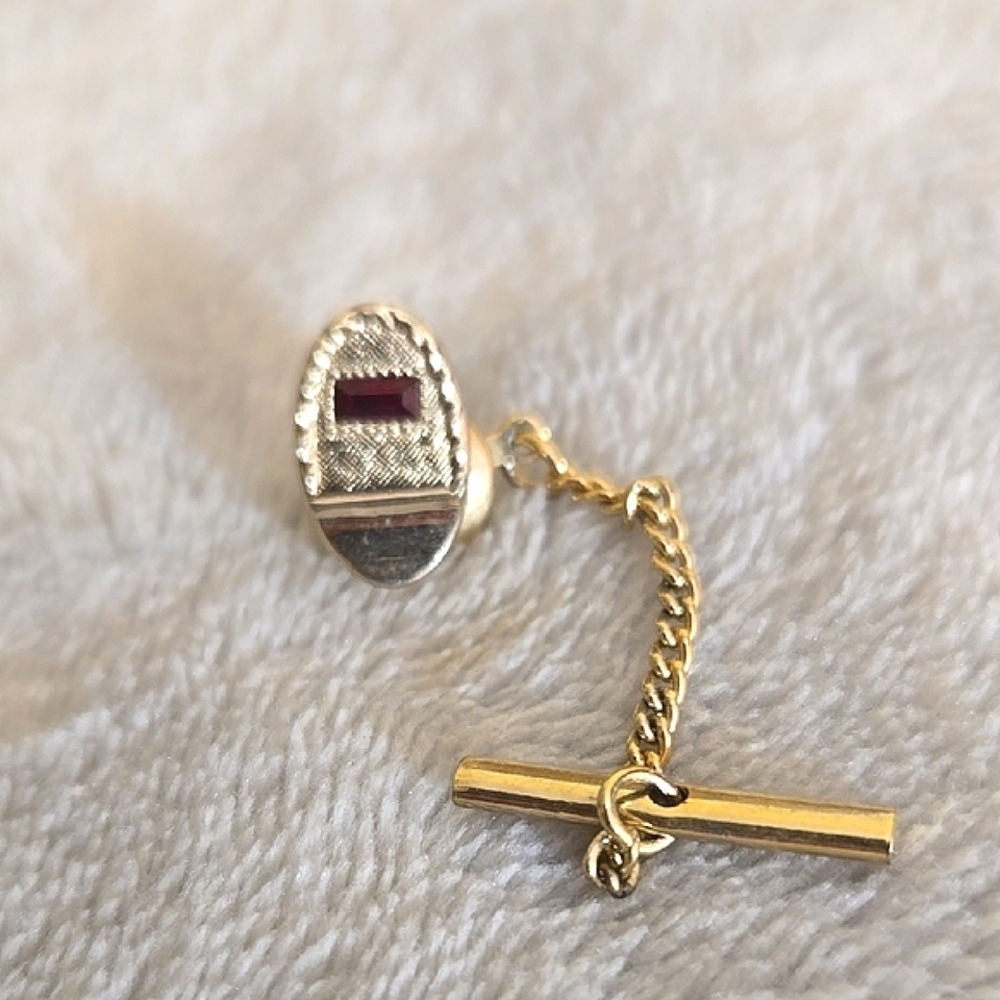 #147 Vintage Gold and Silver Tie Tack with Red Gemstone - Picture 2 of 5